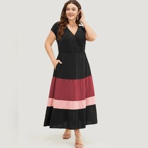 Bloomchic Colorblock Contrast Pocket Wrap Flutter Tiered Tank Dress - 2X